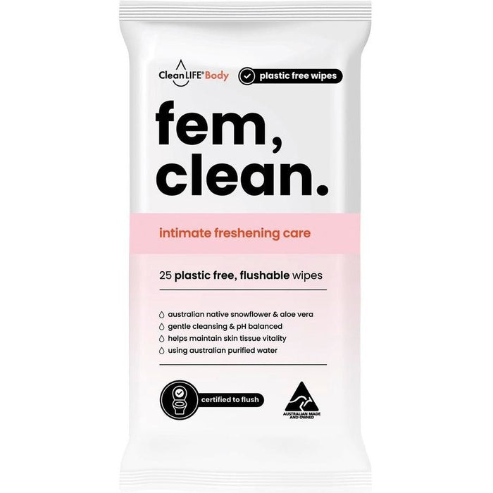 CleanLife Fem Clean Intimate Flushable Plastic Free Wipes 25pk