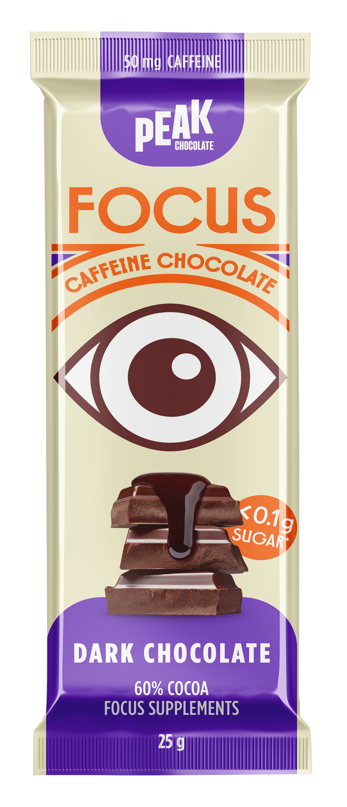 Peak Chocolate FOCUS Caffeinated Chocolate Bar DARK CHOCOLATE 25g